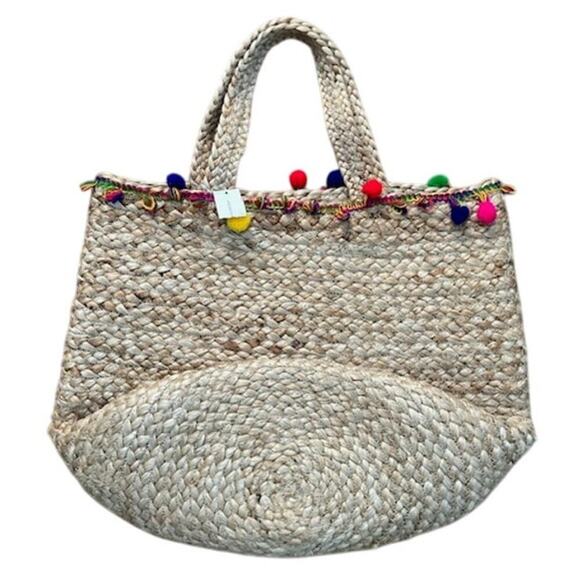 Shiraleah Chicago Woven Jute Tote Bag with Pom Pom Trim Francesca’s NWT - Picture 1 of 5